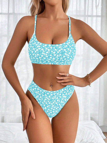 Swim Mod Conjunto de traje de baño tipo tankini de mujer con estampado aleatorio - Top tipo camiseta y Bottom bikini triangular separada
