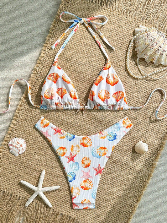 Swim Mod Set de 2 piezas de bikini sexy con top de halter y Bottom de corte alto, con decoración de estrellas de mar doradas y patrón de textura de olas aleatorias, para vacaciones de playa de verano