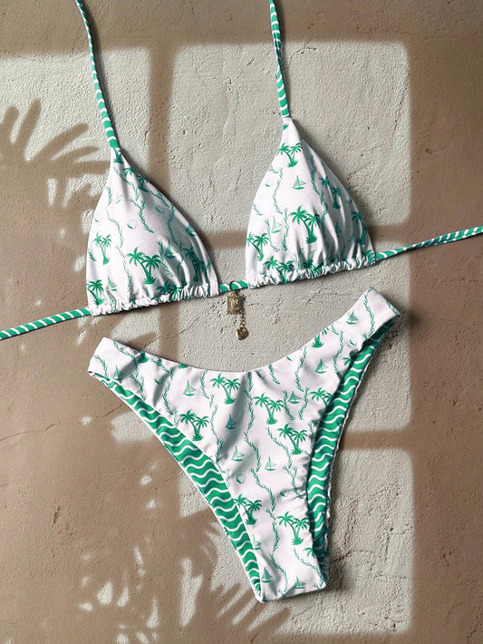 Swim Mod Set de 2 piezas traje de baño de verano con parte superior de triángulo tipo halter y Bottom de corte alto con estampado aleatorio de árbol de coco dorado