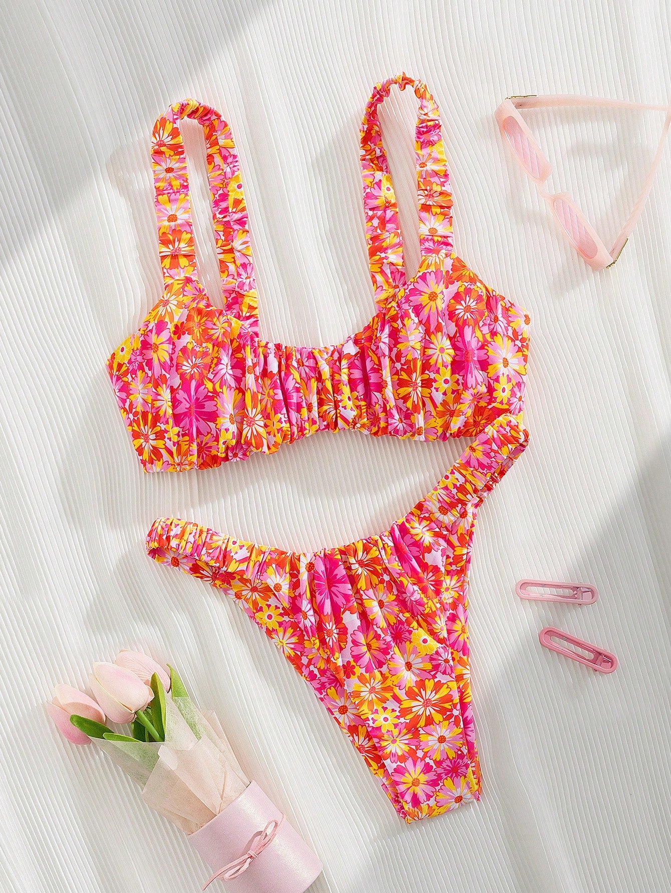 Swim Mod Set de bikini sexy de 2 piezas para mujer con estampado de planta tropical, efecto arrugado, sin aros y reversible para el verano