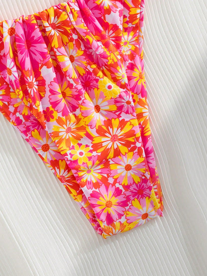 Swim Mod Set de bikini sexy de 2 piezas para mujer con estampado de planta tropical, efecto arrugado, sin aros y reversible para el verano