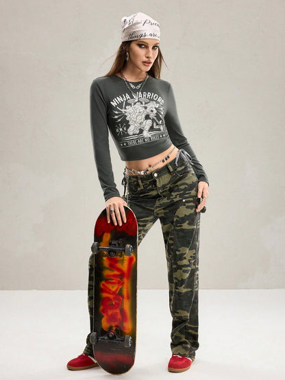 TEENAGE MUTANT NINJA TURTLES | SHEIN Camiseta corta de manga larga con estampado de tortuga y lema, de corte ajustado, para mujer, térmica para el invierno