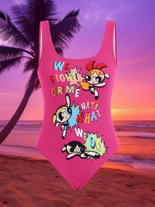 THE POWERPUFF GIRLS X SHEIN Body de tirantes con estampado de dibujos animados y slogan para mujeres, casual, de verano