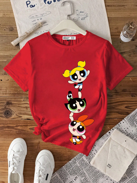 THE POWERPUFF GIRLS X SHEIN Camiseta casual de mujer de corte holgado con cuello redondo y manga corta, adecuada para el verano