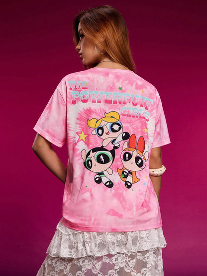 THE POWERPUFF GIRLS X SHEIN Camiseta de manga corta de ajuste holgado con estampado de letras y teñido anudado de estilo callejero casual para mujer, verano