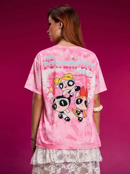 THE POWERPUFF GIRLS X SHEIN Camiseta de manga corta de ajuste holgado con estampado de letras y teñido anudado de estilo callejero casual para mujer, verano
