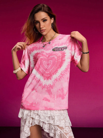 THE POWERPUFF GIRLS X SHEIN Camiseta de manga corta de ajuste holgado con estampado de letras y teñido anudado de estilo callejero casual para mujer, verano