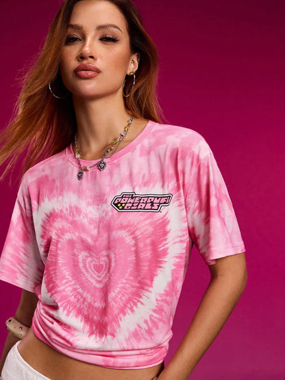 THE POWERPUFF GIRLS X SHEIN Camiseta de manga corta de ajuste holgado con estampado de letras y teñido anudado de estilo callejero casual para mujer, verano
