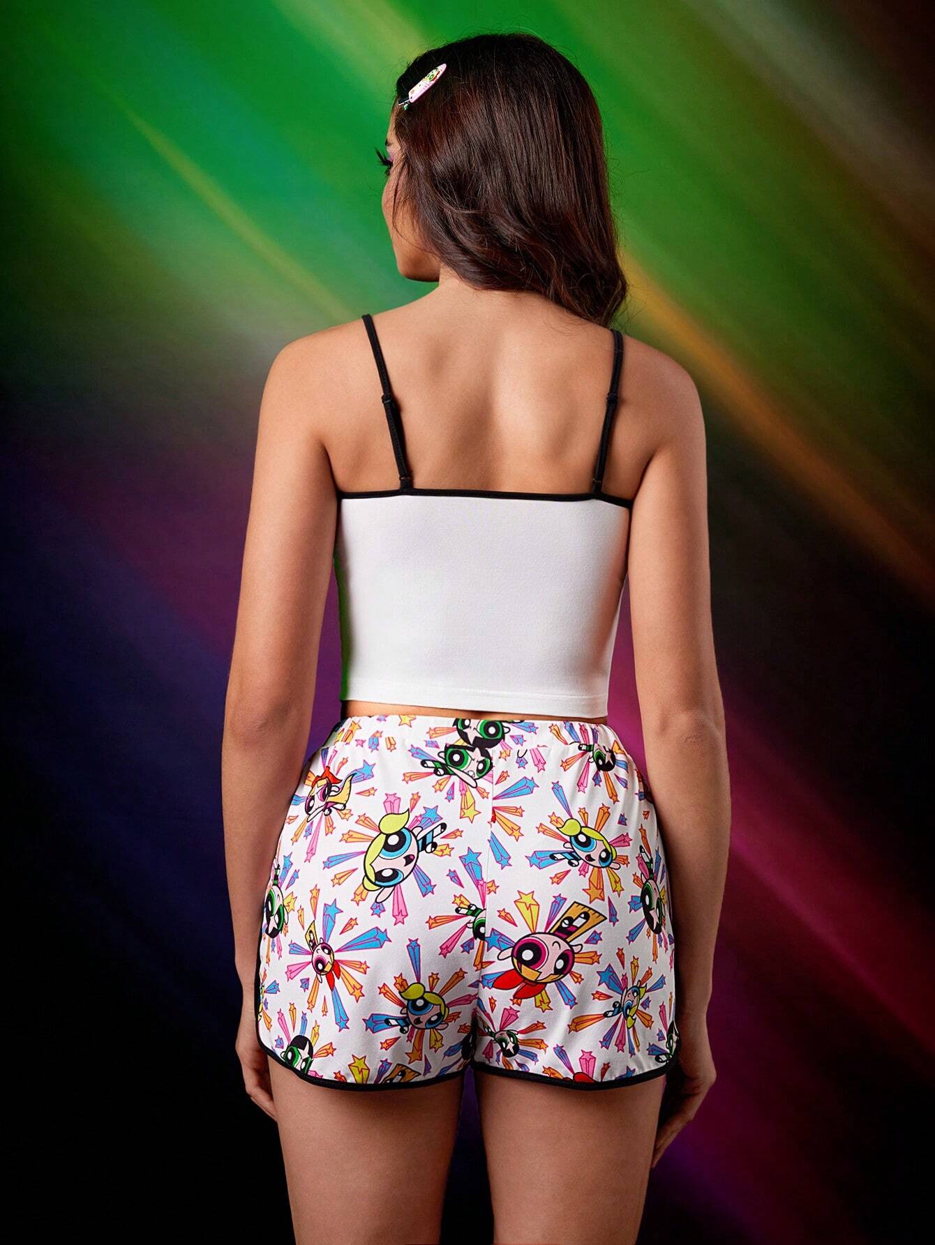 THE POWERPUFF GIRLS X SHEIN Conjunto de pijama blanco con gráfico de dibujos animados y ribete de contraste