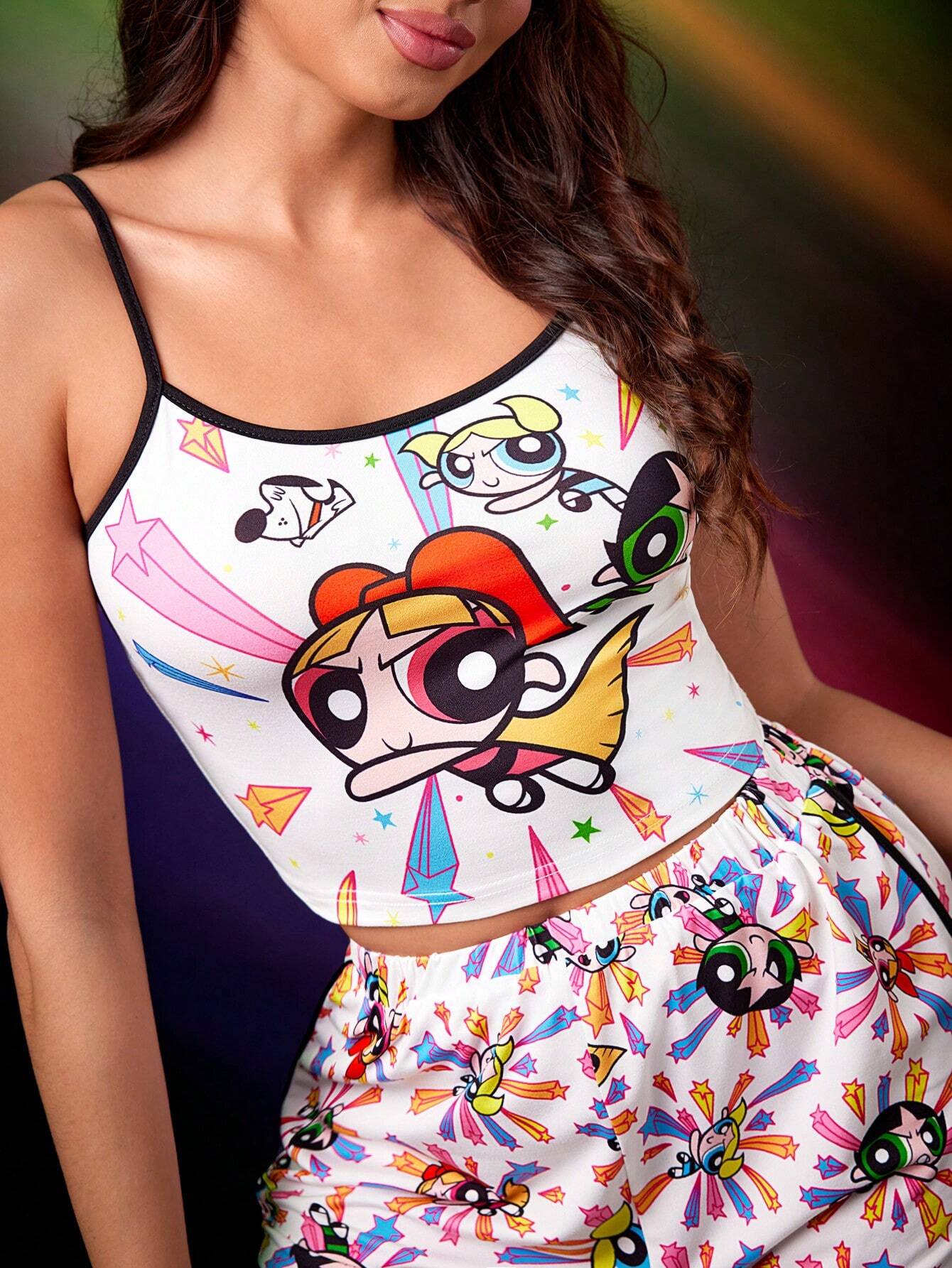 THE POWERPUFF GIRLS X SHEIN Conjunto de pijama blanco con gráfico de dibujos animados y ribete de contraste