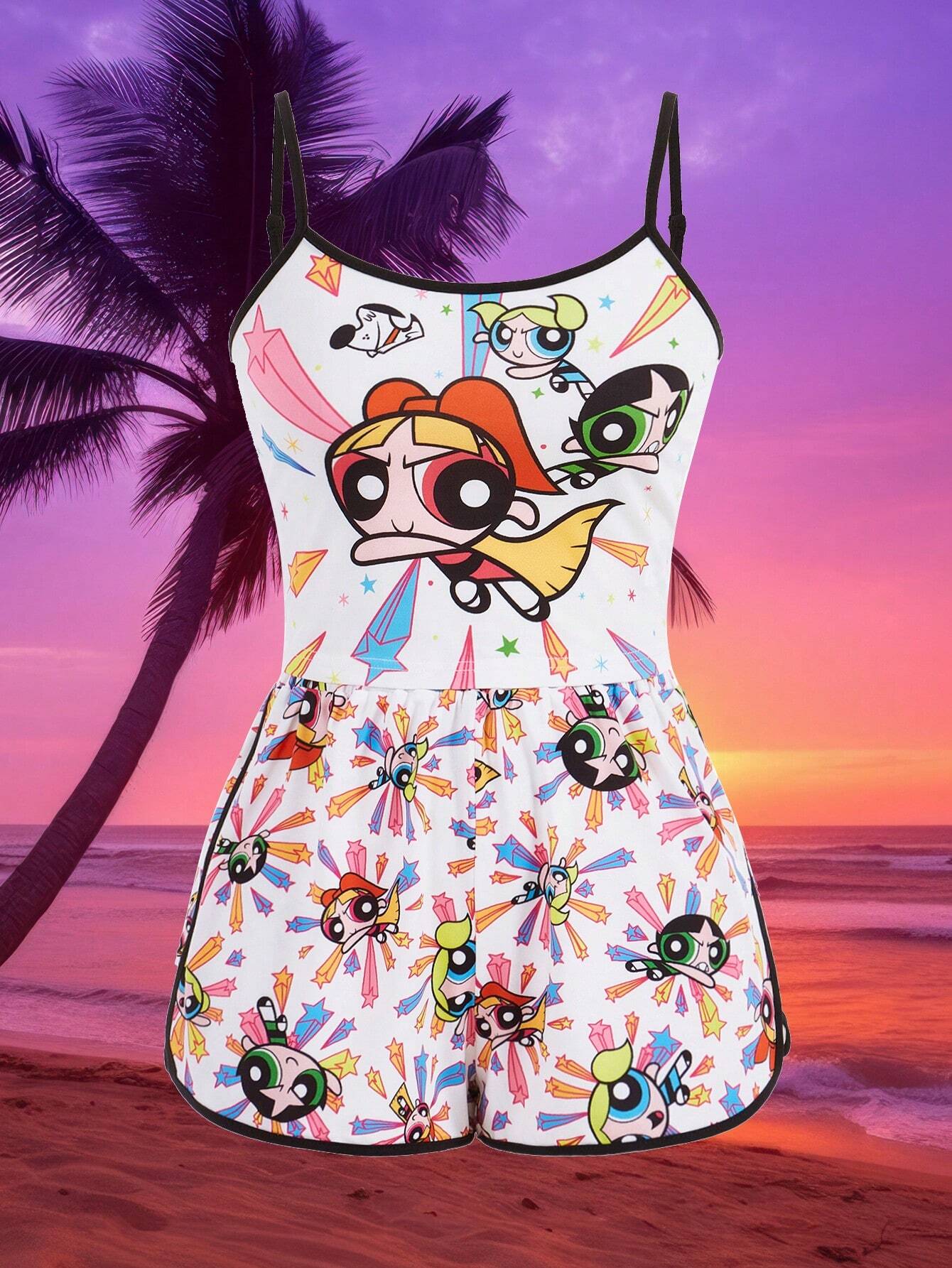 THE POWERPUFF GIRLS X SHEIN Conjunto de pijama blanco con gráfico de dibujos animados y ribete de contraste