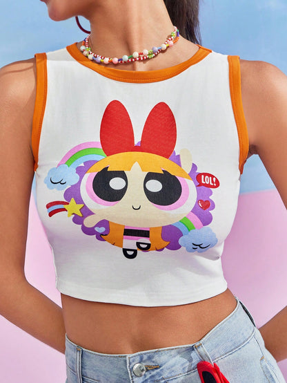 THE POWERPUFF GIRLS X SHEIN Top corto de cuello redondo con ribete de contraste con estampado de flores