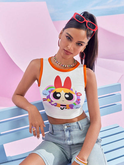 THE POWERPUFF GIRLS X SHEIN Top corto de cuello redondo con ribete de contraste con estampado de flores
