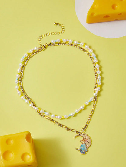 TOM & JERRY X SHEIN 1 pieza Gargantilla con dije de luna y ratón con decoración de perlas artificiales cultivadas a la moda para mujer para decoración diaria