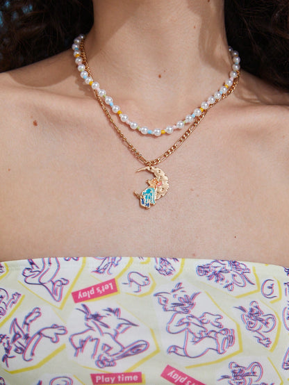 TOM & JERRY X SHEIN 1 pieza Gargantilla con dije de luna y ratón con decoración de perlas artificiales cultivadas a la moda para mujer para decoración diaria