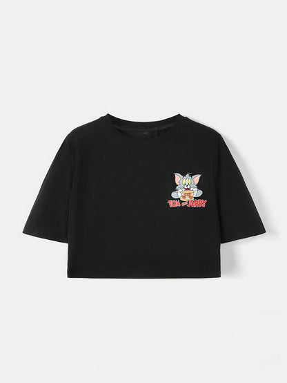TOM & JERRY X SHEIN Camiseta Corta Con Dibujos Animados Y Letras, Con Caída De Hombro