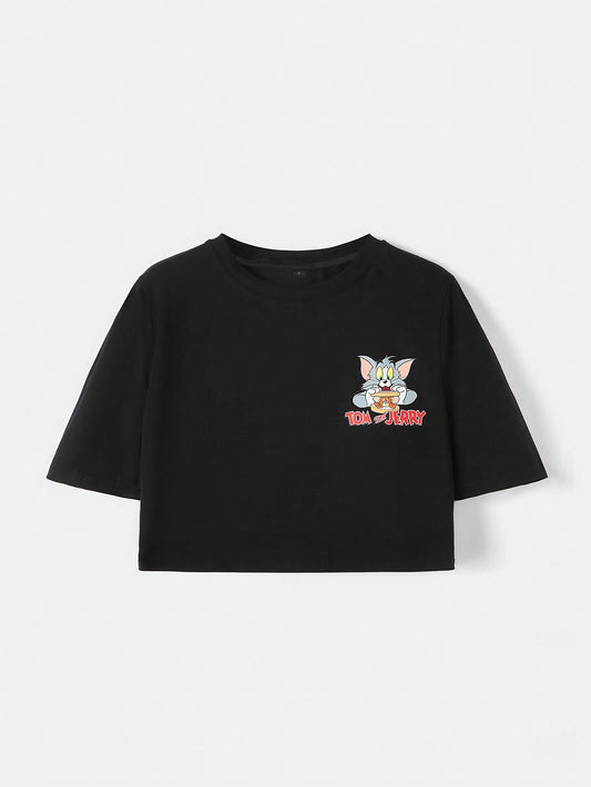 TOM & JERRY X SHEIN Camiseta Corta Con Dibujos Animados Y Letras, Con Caída De Hombro