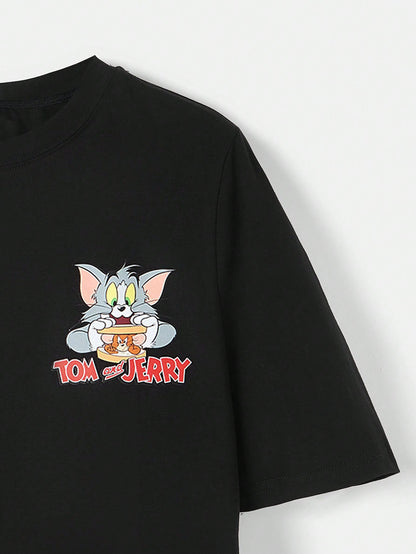 TOM & JERRY X SHEIN Camiseta Corta Con Dibujos Animados Y Letras, Con Caída De Hombro