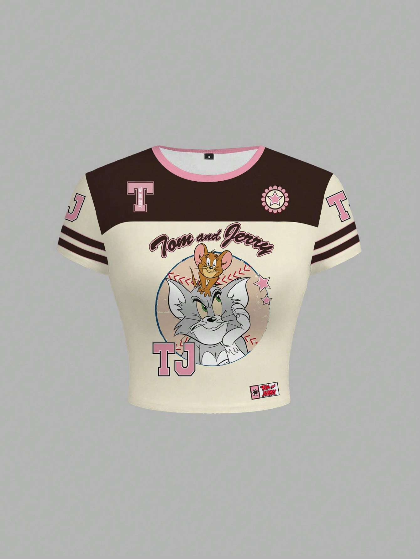 TOM & JERRY X SHEIN Camiseta ajustada con gráfico de dibujos animados y bloques de color para mujer