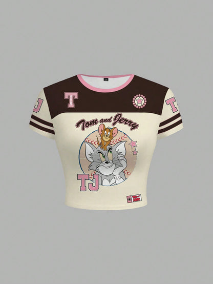TOM & JERRY X SHEIN Camiseta ajustada con gráfico de dibujos animados y bloques de color para mujer