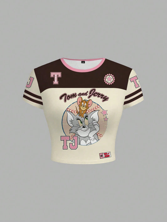 TOM & JERRY X SHEIN Camiseta ajustada con gráfico de dibujos animados y bloques de color para mujer