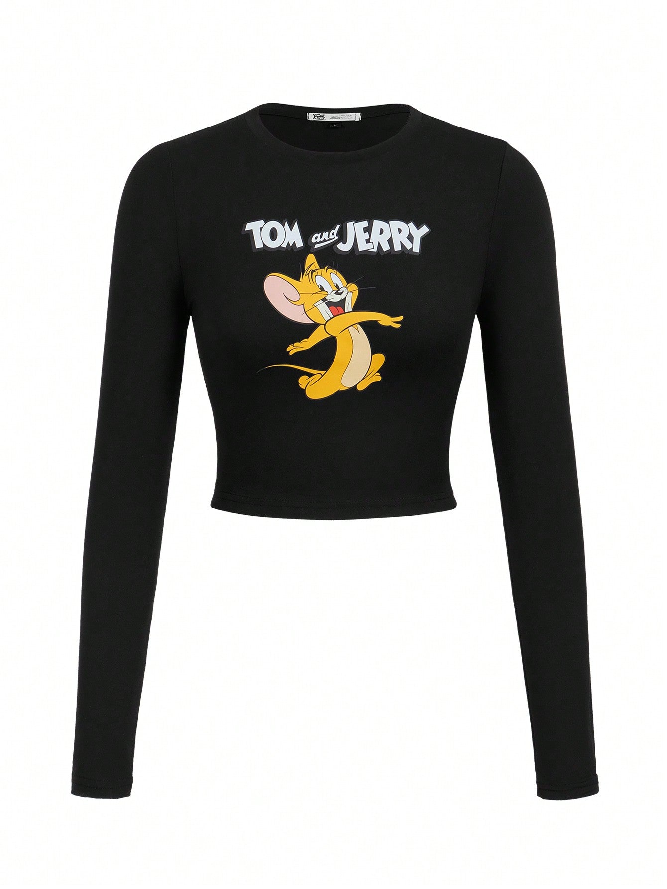 TOM & JERRY X SHEIN Camiseta ajustada de manga larga con impresión de dibujos animados y letras, camiseta gráfica para mujer, informal