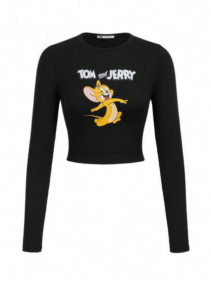 TOM & JERRY X SHEIN Camiseta ajustada de manga larga con impresión de dibujos animados y letras, camiseta gráfica para mujer, informal