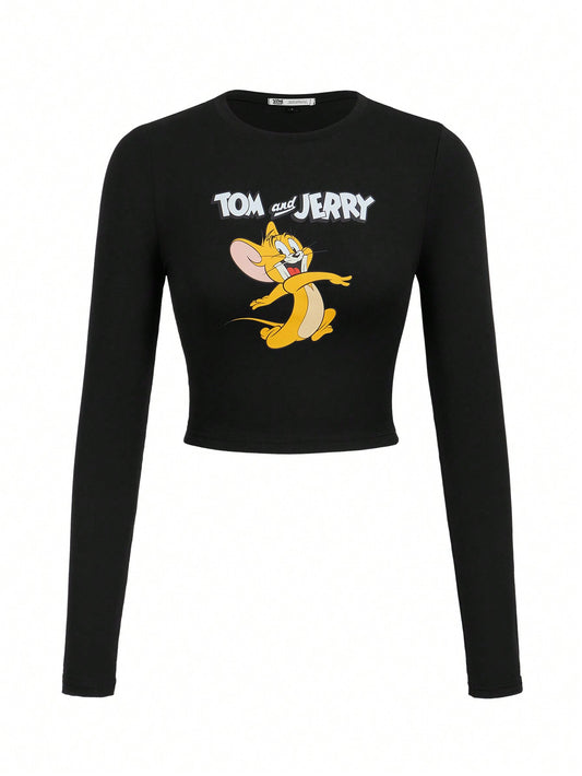 TOM & JERRY X SHEIN Camiseta ajustada de manga larga con impresión de dibujos animados y letras, camiseta gráfica para mujer, informal