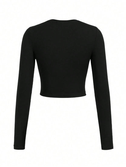 TOM & JERRY X SHEIN Camiseta ajustada de manga larga con impresión de dibujos animados y letras, camiseta gráfica para mujer, informal