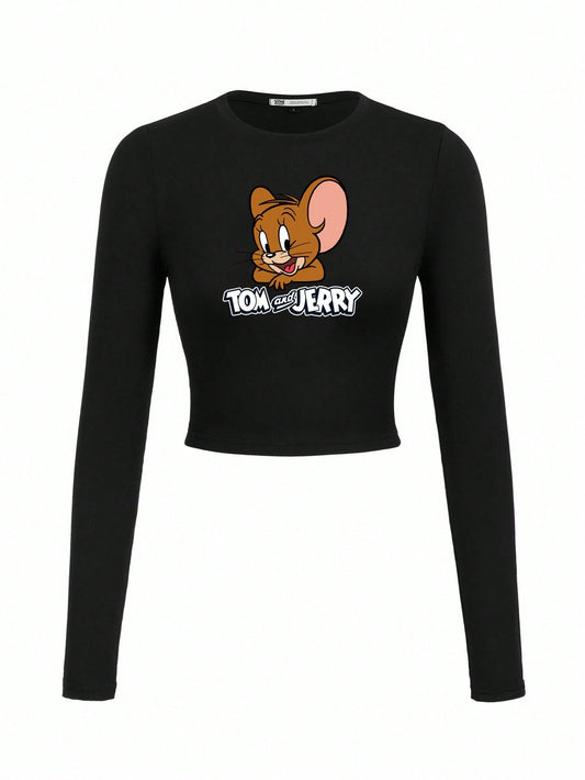 TOM & JERRY X SHEIN Camiseta de manga larga de ajuste ceñido con estampado de letras y dibujos animados para mujer, de estilo casual