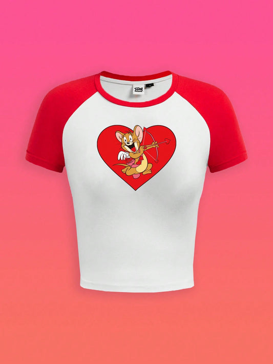 TOM & JERRY X SHEIN Camiseta de manga raglán con bloque de color y estampado de ratón de dibujos animados para mujer, verano