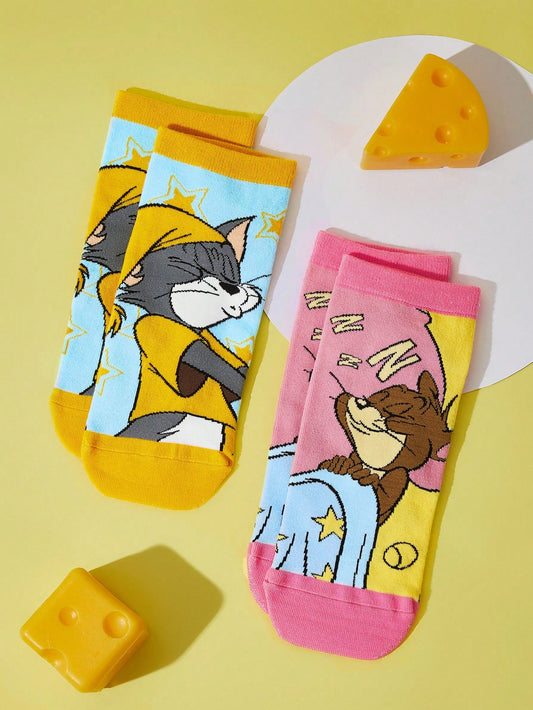 TOM & JERRY X SHEIN Mujer 2 pares Calcetines tobilleros gato de dibujos animados & con patrón de ratón dulce para vida diaria