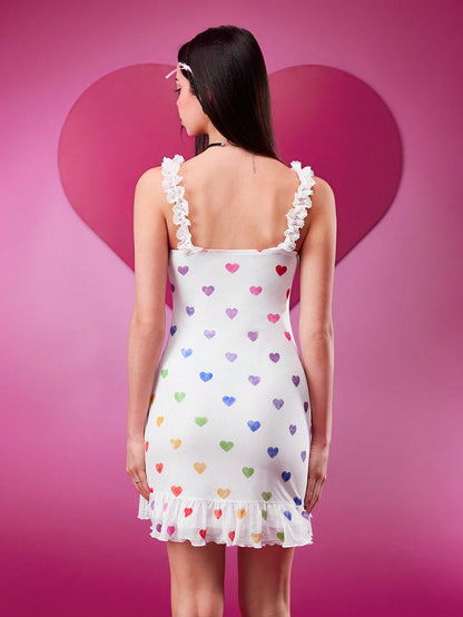 TOM & JERRY X SHEIN Vestido de verano blanco con volantes, gráficos de corazón y Jerry de dibujos animados en degradado y lazo para mujer, vestido de mini vestido para el Día de San Valentín