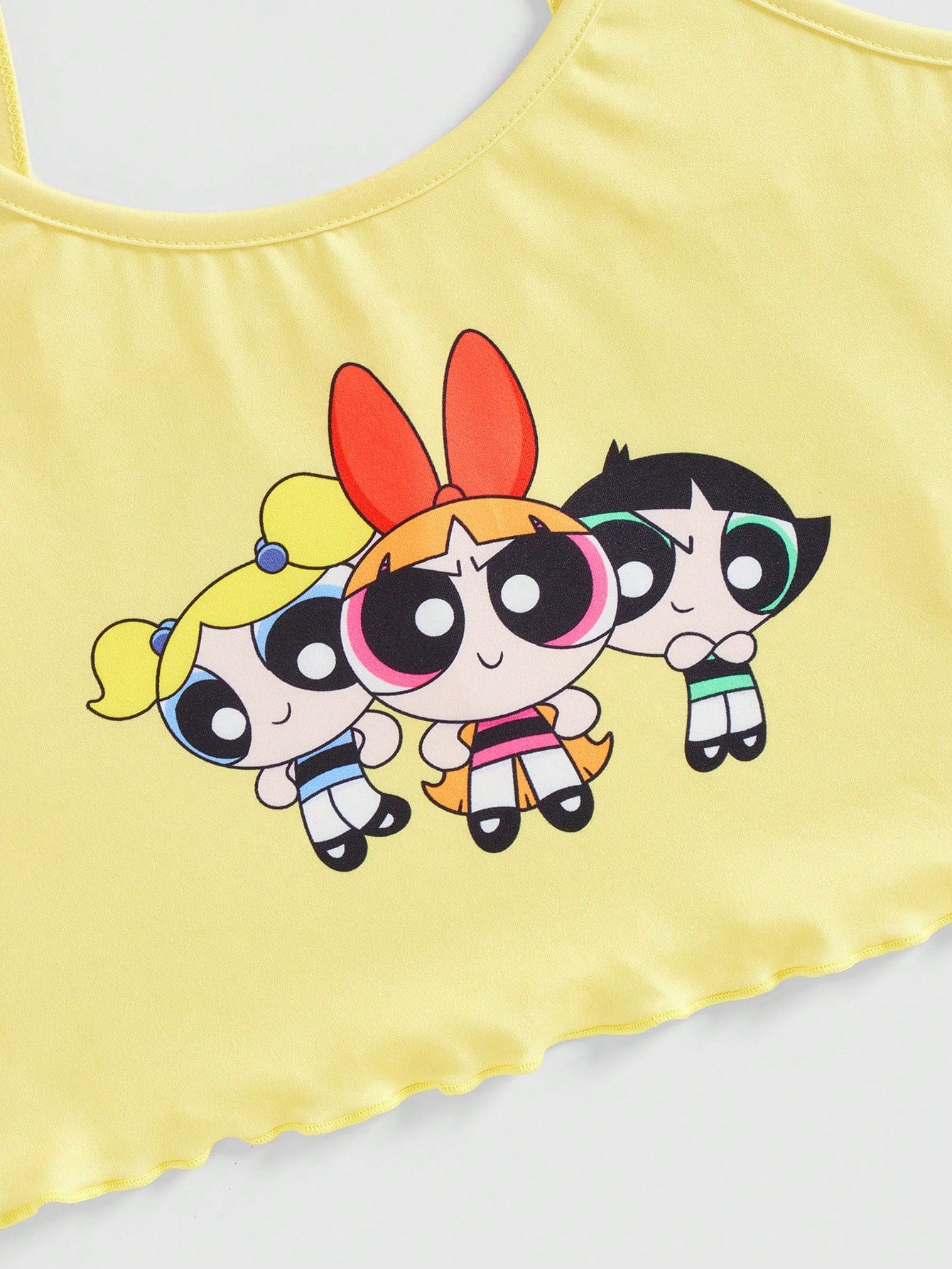 The Powerpuff Girls | ROMWE 2 piezas Conjunto de pijama con parte superior tipo camiseta con estampado de dibujos animados lindos y shorts con ribete de lechuga, para verano