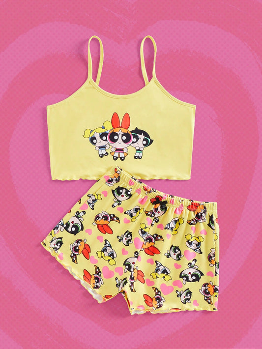 The Powerpuff Girls | ROMWE 2 piezas Conjunto de pijama con parte superior tipo camiseta con estampado de dibujos animados lindos y shorts con ribete de lechuga, para verano