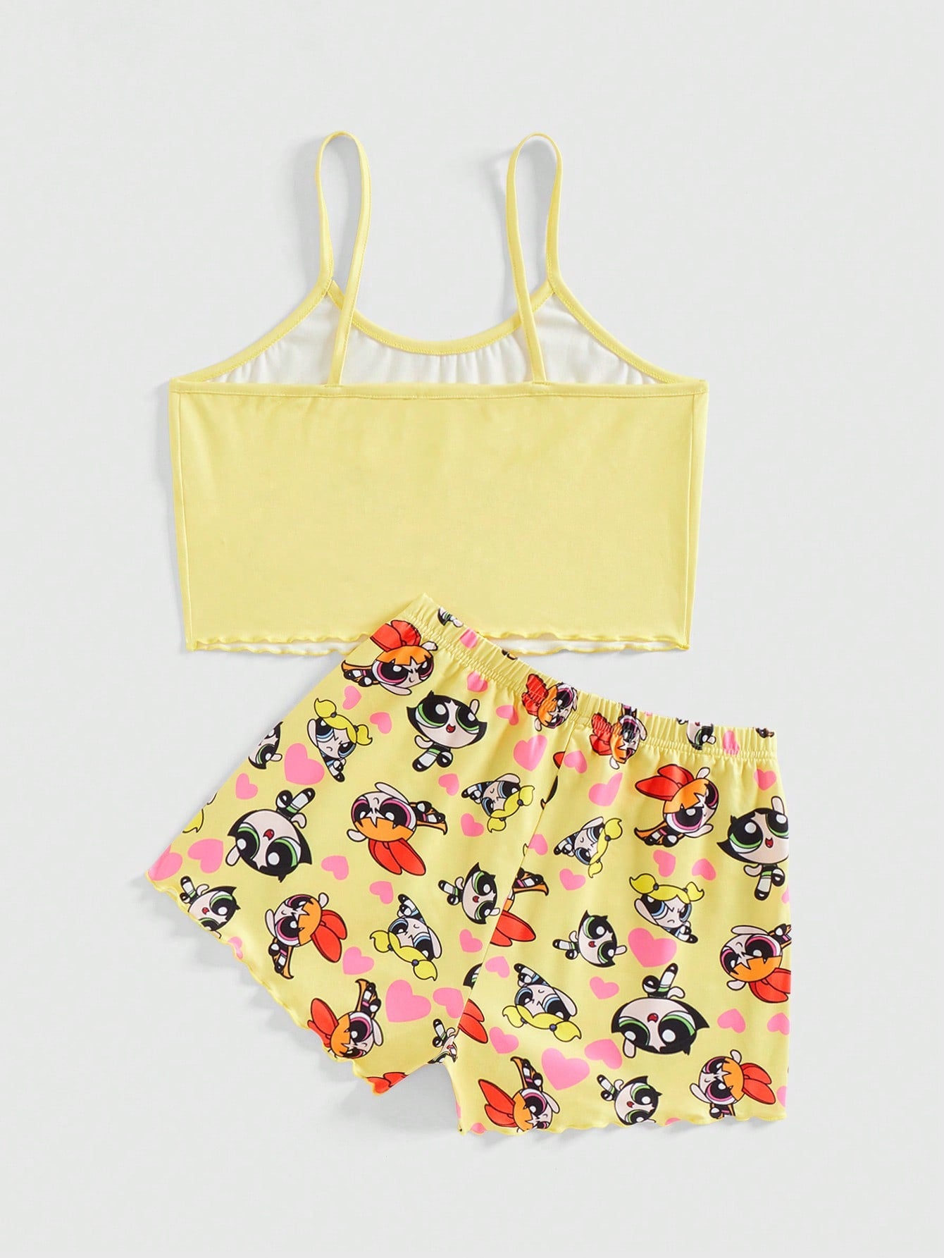 The Powerpuff Girls | ROMWE 2 piezas Conjunto de pijama con parte superior tipo camiseta con estampado de dibujos animados lindos y shorts con ribete de lechuga, para verano