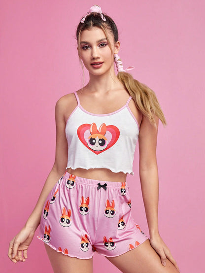 The Powerpuff Girls | ROMWE Conjunto de pijama con gráfico de dibujos animados, ribete de lechuga y cinta de contraste, para la escuela