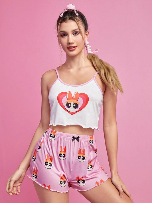 The Powerpuff Girls | ROMWE Conjunto de pijama con gráfico de dibujos animados, ribete de lechuga y cinta de contraste, para la escuela