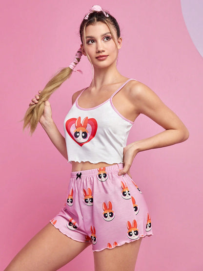 The Powerpuff Girls | ROMWE Conjunto de pijama con gráfico de dibujos animados, ribete de lechuga y cinta de contraste, para la escuela