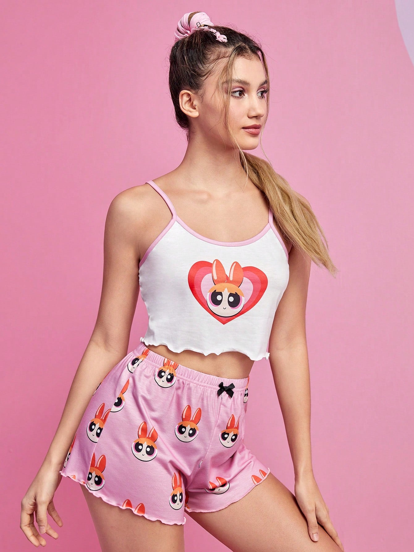 The Powerpuff Girls | ROMWE Conjunto de pijama con gráfico de dibujos animados, ribete de lechuga y cinta de contraste, para la escuela