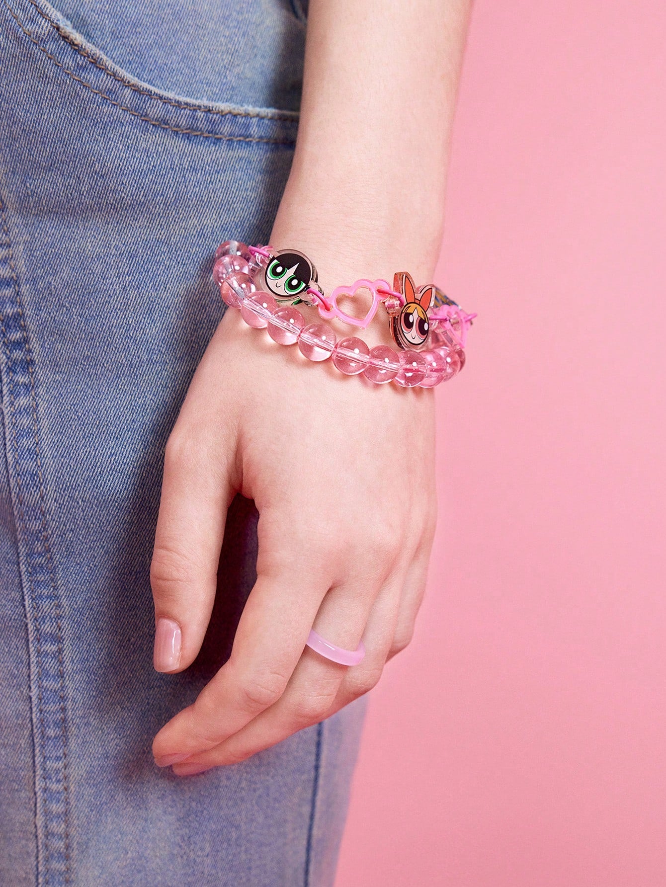 The Powerpuff Girls | ROMWE Pulsera de vidrio con corazón de acrílico de dibujos animados