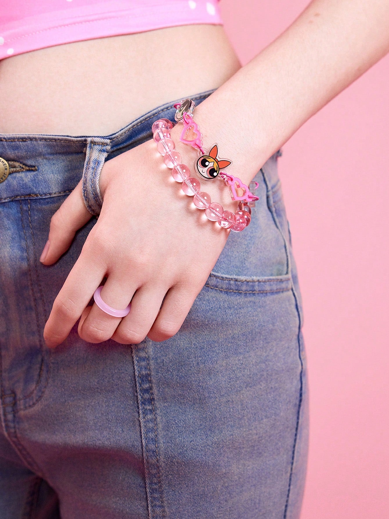 The Powerpuff Girls | ROMWE Pulsera de vidrio con corazón de acrílico de dibujos animados