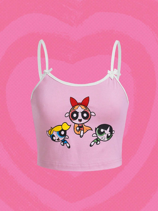 The Powerpuff Girls | ROMWE Top de tirantes con detalle de lazo con gráfico de dibujos animados, verano, escuela