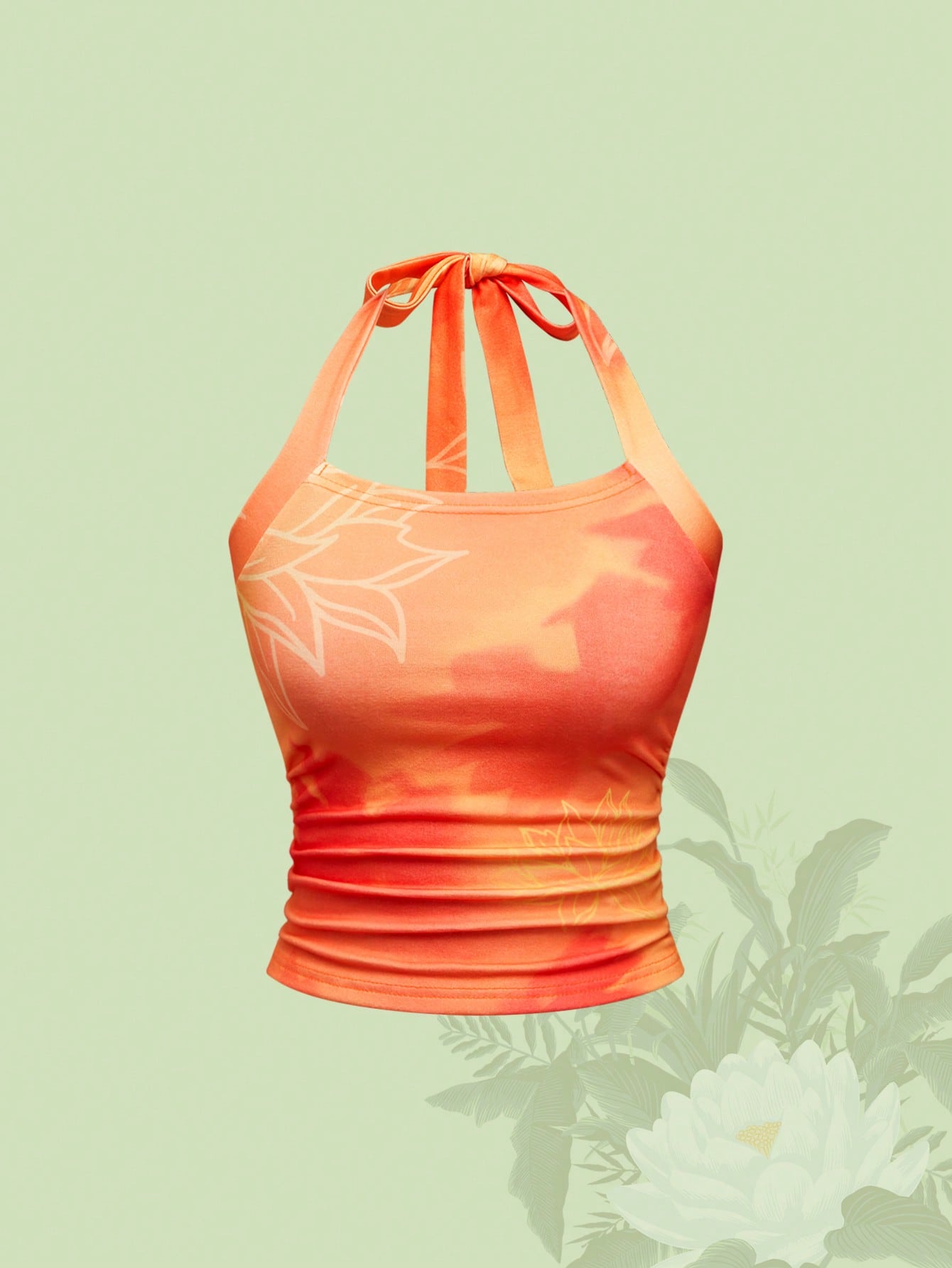 The White Lotus Blusa de verano casual de vacaciones para mujer con estampado de teñido anudado y floral, ajustada y con volantes, en color naranja con escote halter