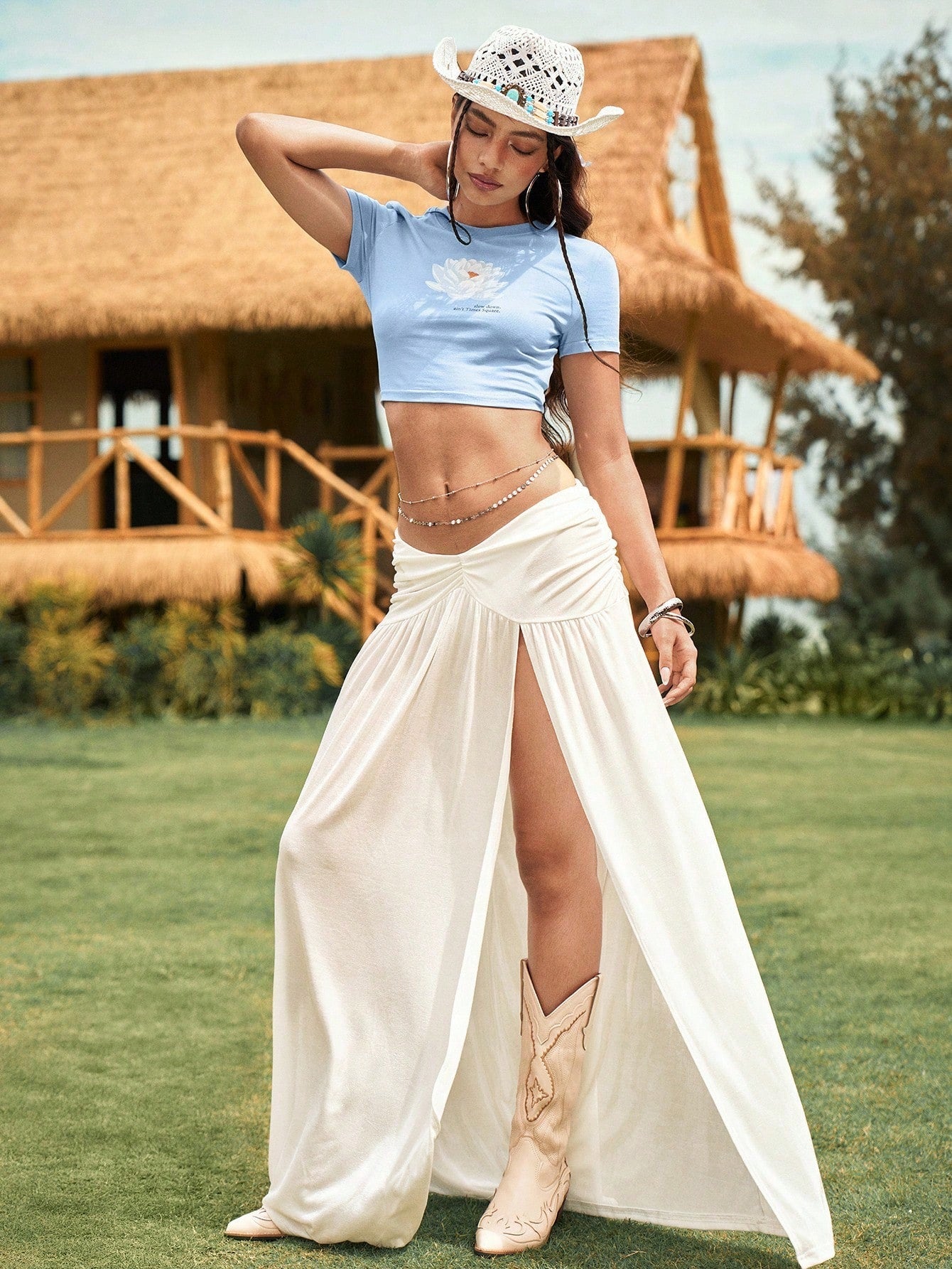 The White Lotus Camiseta de manga corta de cuello redondo ajustada con estampado floral para mujer