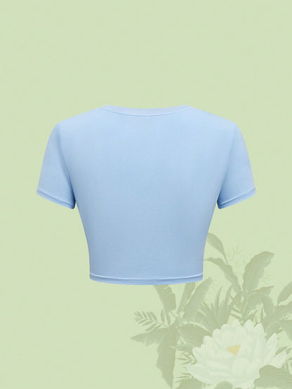 The White Lotus Camiseta de manga corta de cuello redondo ajustada con estampado floral para mujer