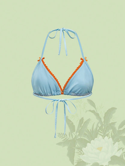 The White Lotus Parte superior halter sexy con espalda descubierta, adornada con encaje de contraste y estampado floral