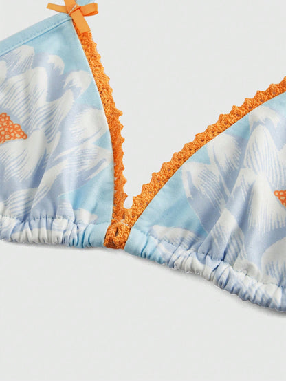 The White Lotus Parte superior halter sexy con espalda descubierta, adornada con encaje de contraste y estampado floral