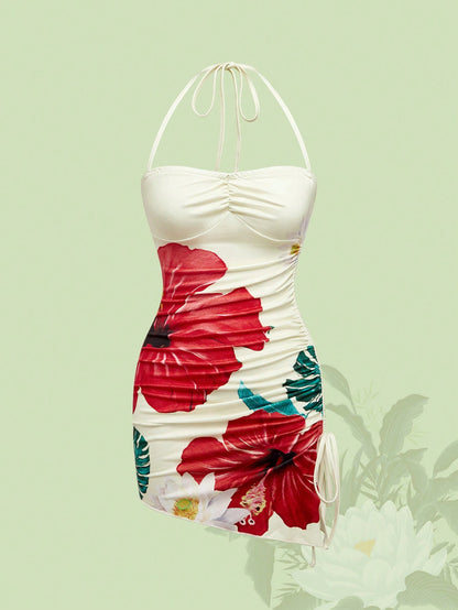 The White Lotus Vestido de cuello halter con plisado y nudo lateral con estampado de flores