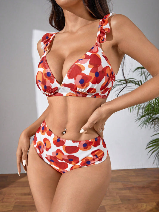 The Wizard of Oz X SHEIN Conjunto de bikini de dos piezas para mujer con estampado floral de verano, conjunto de bikini sexy de manga de mariposa para vacaciones